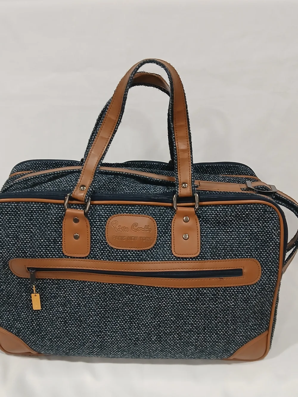 Vintage Pierre Cardin Tweed Weekender Duffel Travel Bag Blue Tan Leather Trim